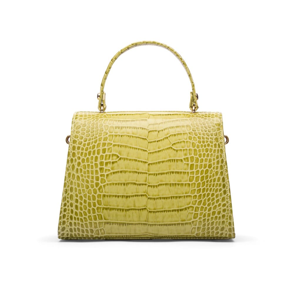 Leather top handle bag, lime green croc, back