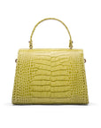 Leather top handle bag, lime green croc, back