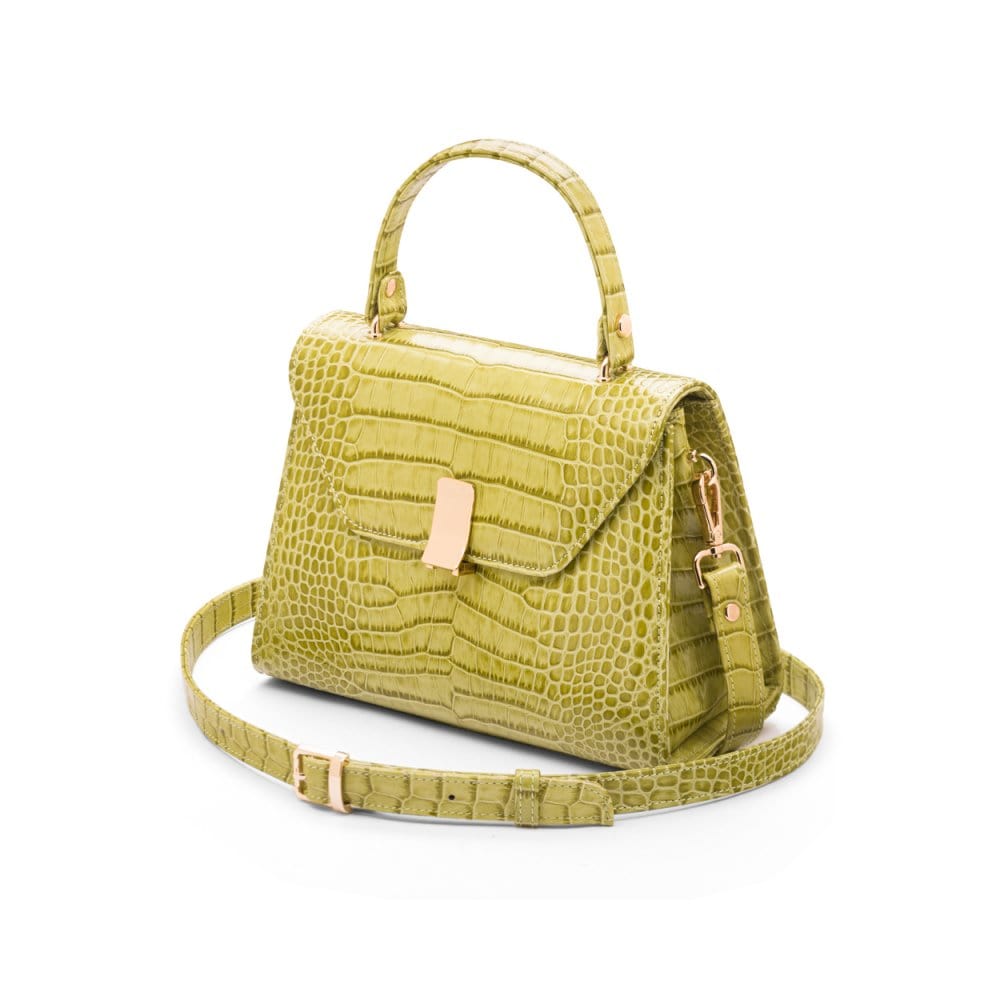 Leather top handle bag, lime green croc, side
