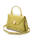 Leather top handle bag, lime green croc, side