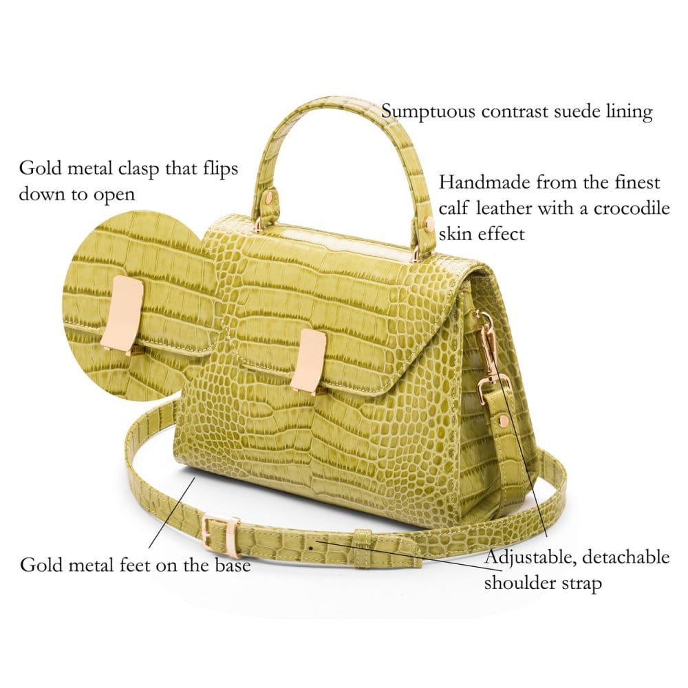 Leather top handle bag, lime green croc, features