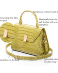 Leather top handle bag, lime green croc, features