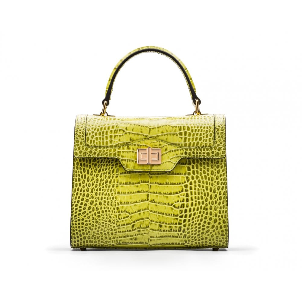 Leather signature Morgan bag, lime croc, front view