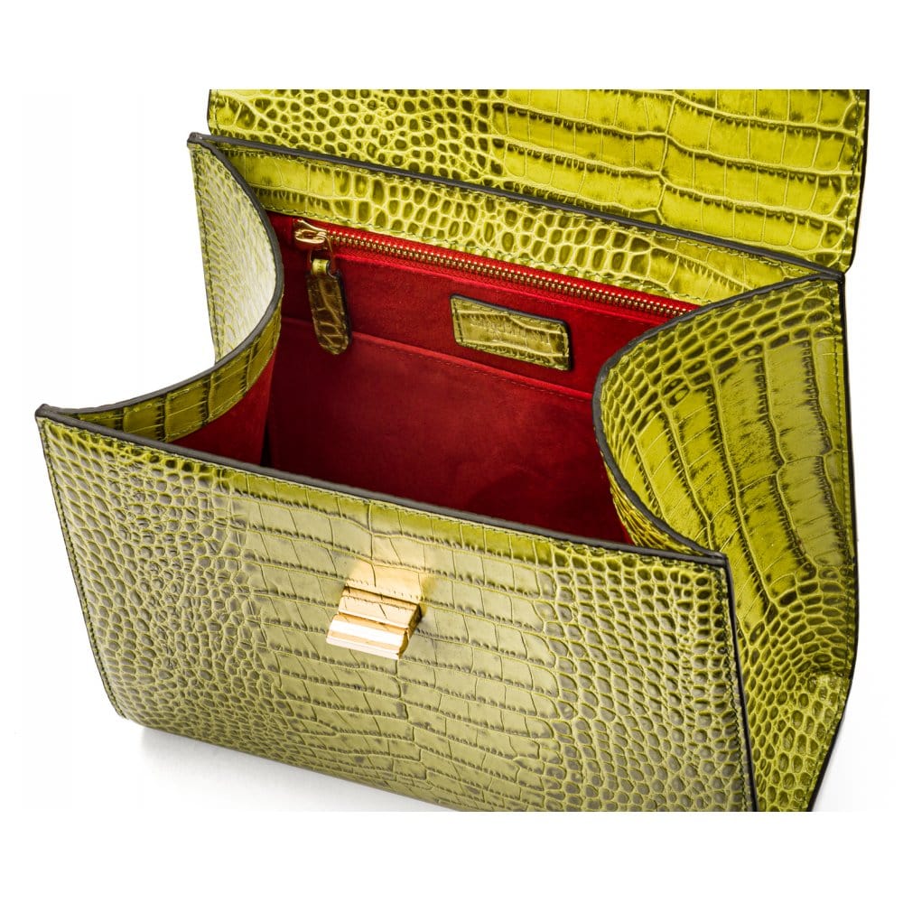 Leather signature Morgan bag, lime croc, inside view