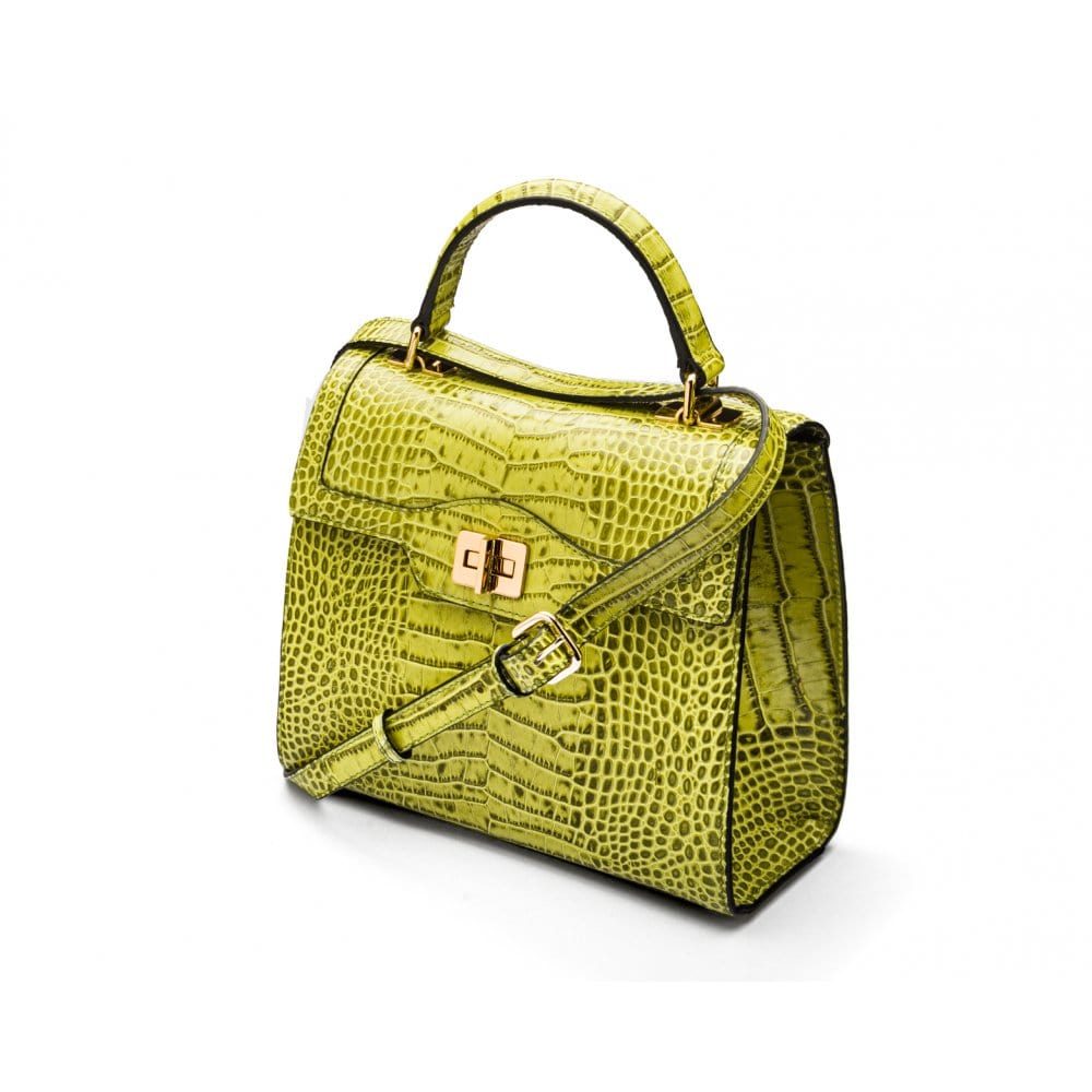Leather signature Morgan bag, lime croc, side view