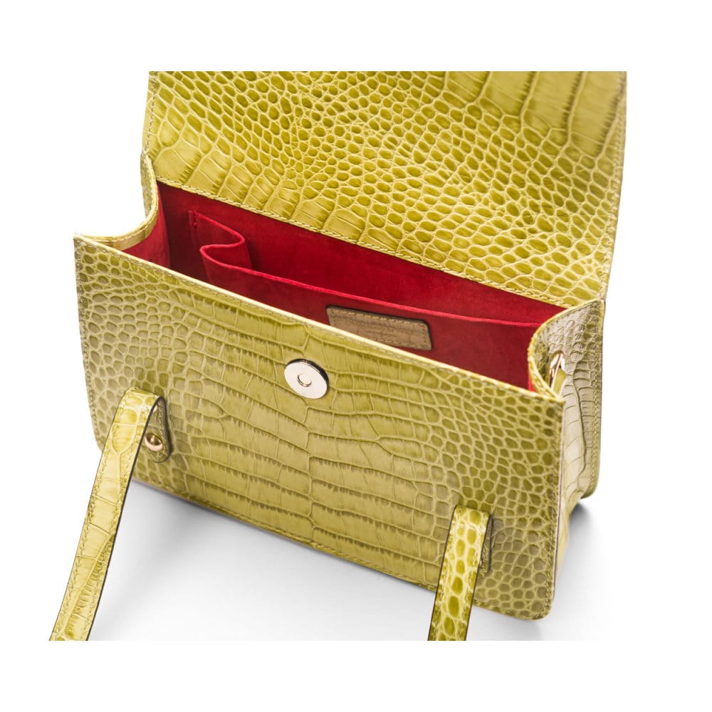 Mini top handle Harmony music bag, lime green croc, inside view