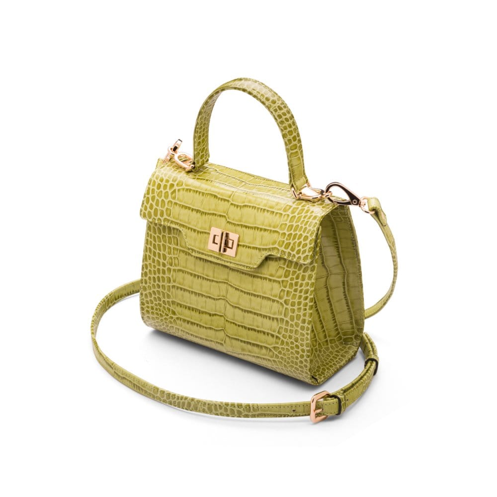 Mini leather Morgan Bag, top handle bag, lime green croc, side view