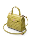 Mini leather Morgan Bag, top handle bag, lime green croc, side view