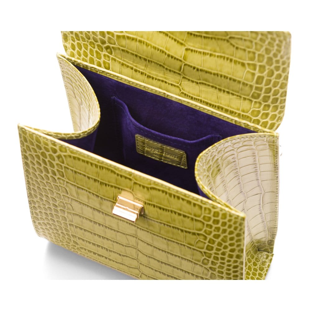 Mini leather Morgan Bag, top handle bag, lime green croc, inside view