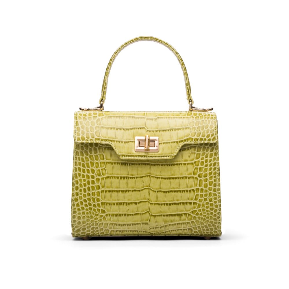 Mini leather Morgan Bag, top handle bag, lime green croc, front view