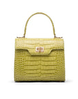 Mini leather Morgan Bag, top handle bag, lime green croc, front view