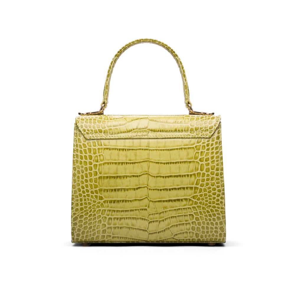 Mini leather Morgan Bag, top handle bag, lime green croc, back view