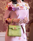 Mini leather Morgan Bag, top handle bag, lime green croc. lifestyle