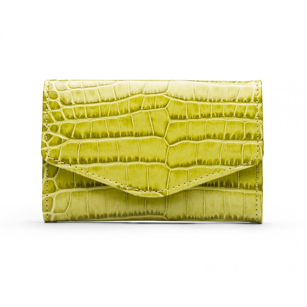Small leather concertina purse, lime croc, front