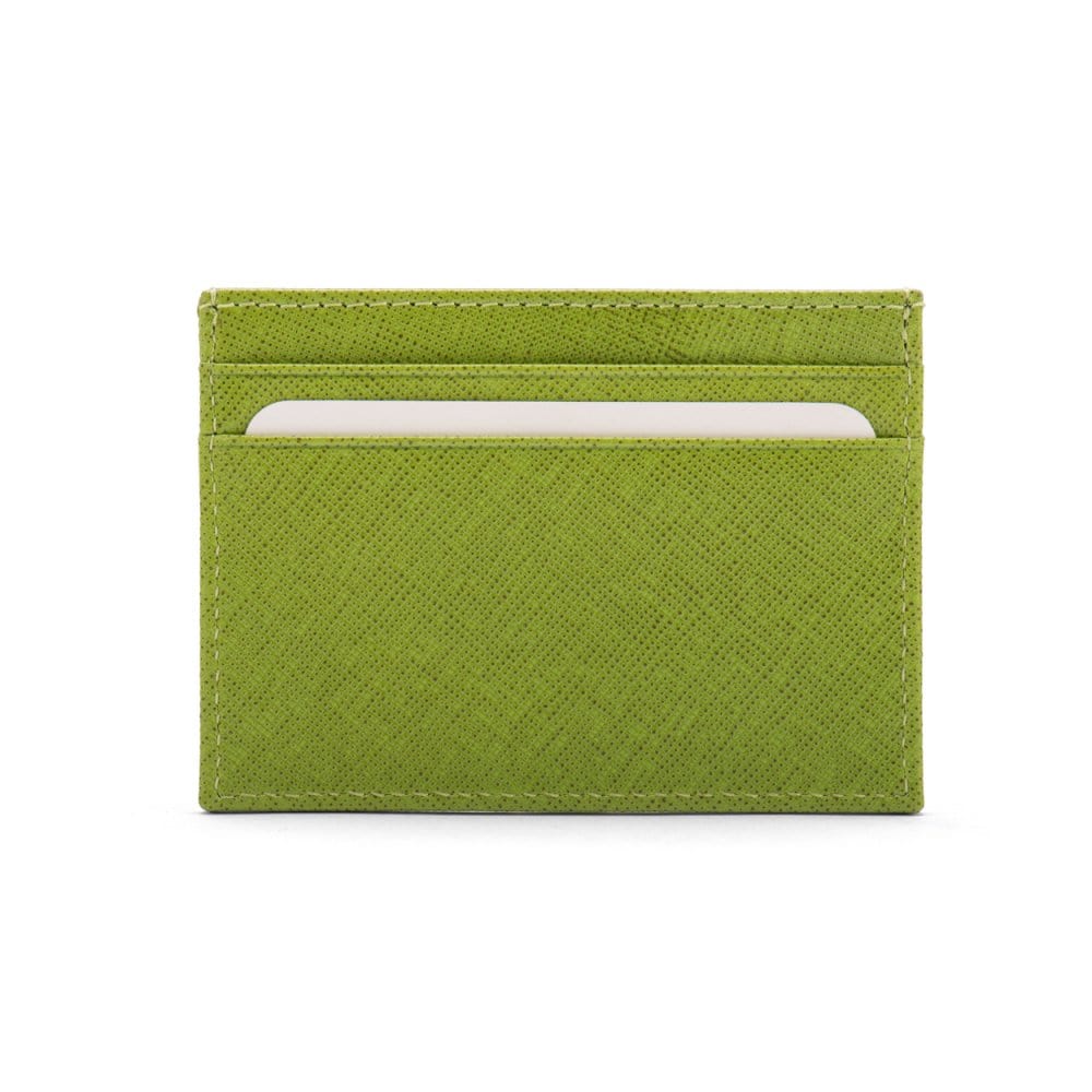 Flat leather credit card wallet 4 CC, lime green saffiano, front