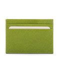 Flat leather credit card wallet 4 CC, lime green saffiano, front