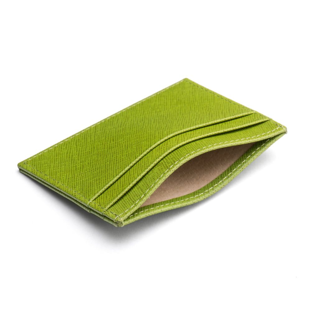 Flat leather credit card wallet 4 CC, lime green saffiano, inside