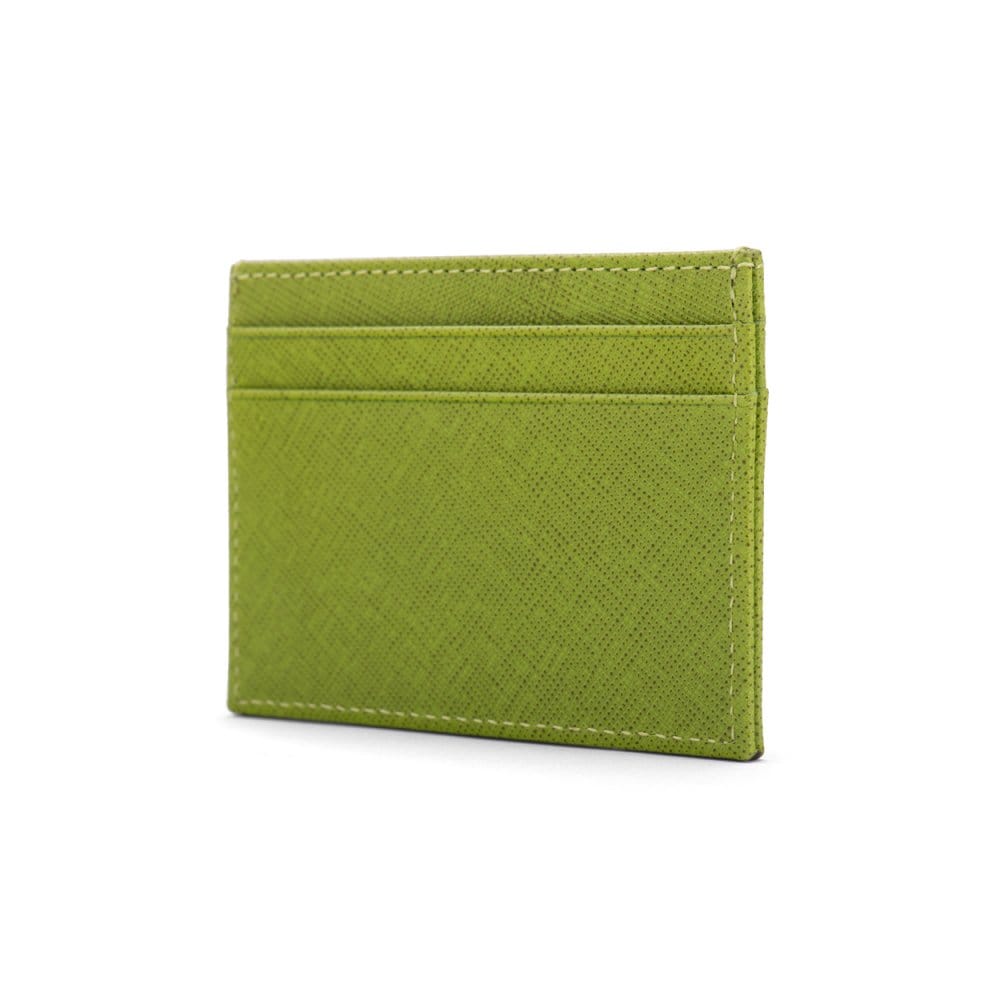 Flat leather credit card wallet 4 CC, lime green saffiano, side