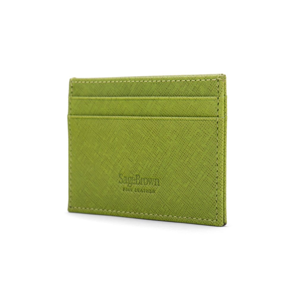 Flat leather credit card wallet 4 CC, lime green saffiano, back