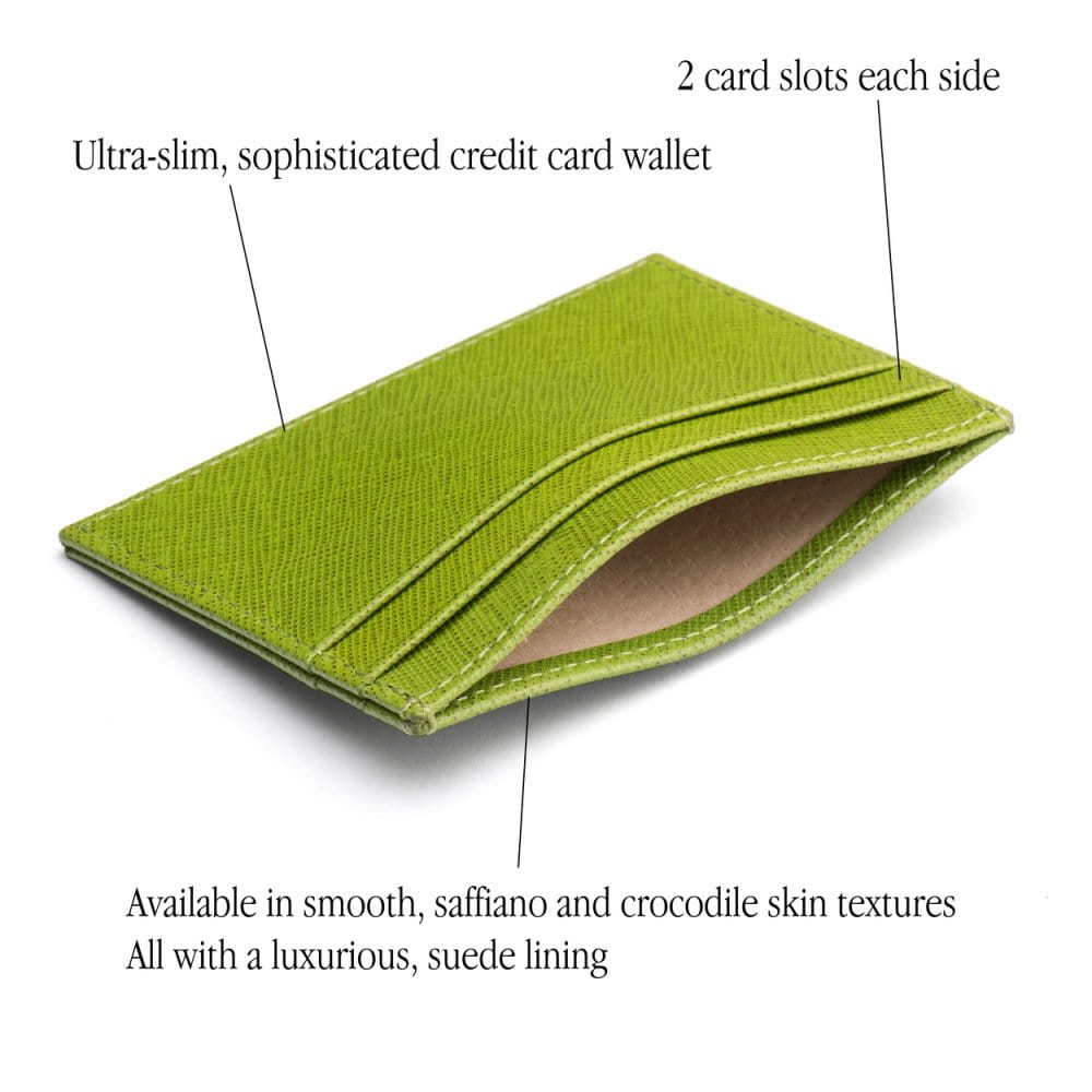 Flat leather credit card wallet 4 CC, lime green saffiano, features