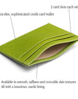 Flat leather credit card wallet 4 CC, lime green saffiano, features