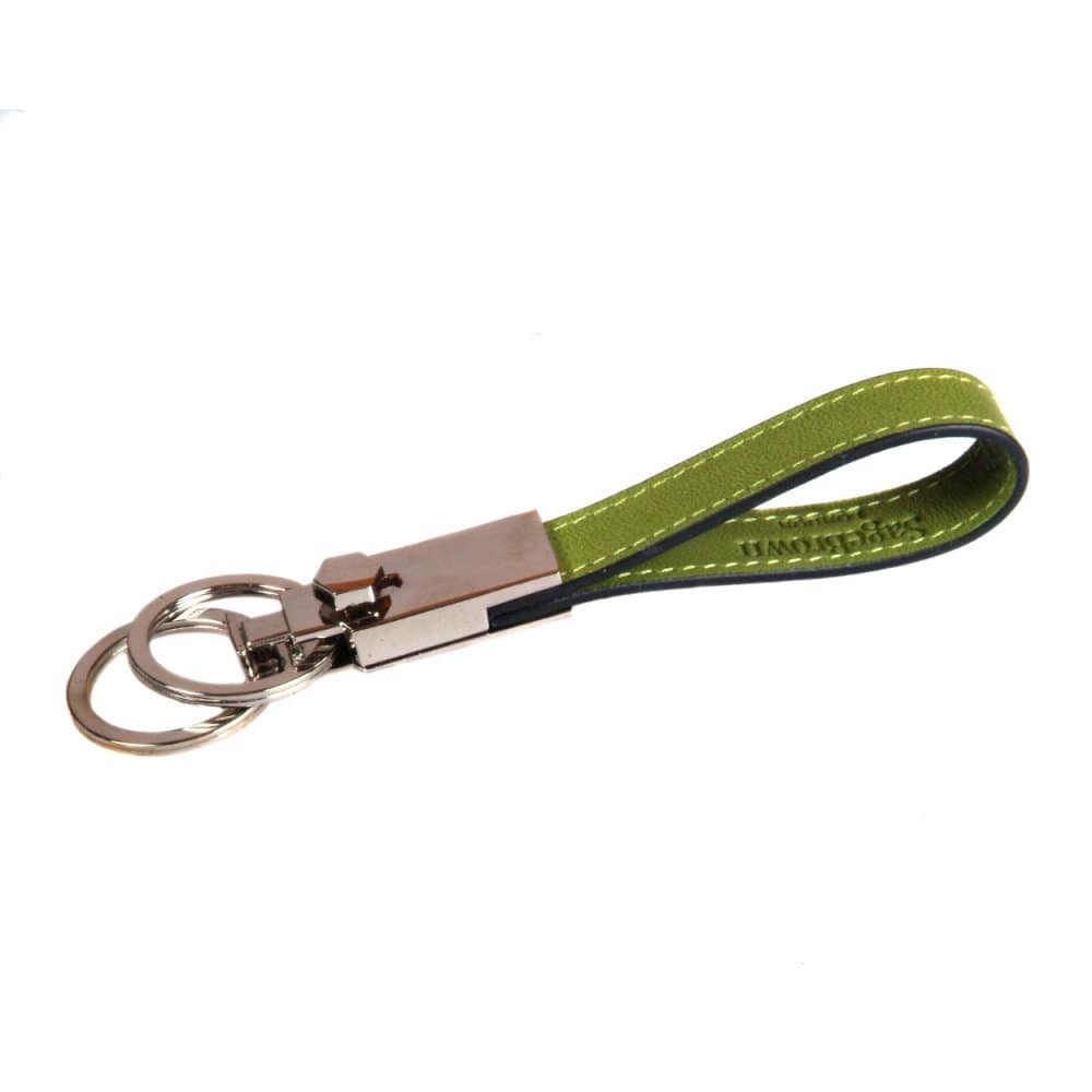 Leather detachable key ring, lime green, front 
