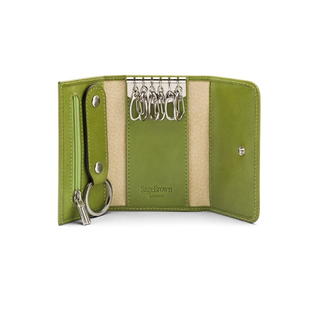 Key wallet with detachable key fob, lime green, inside