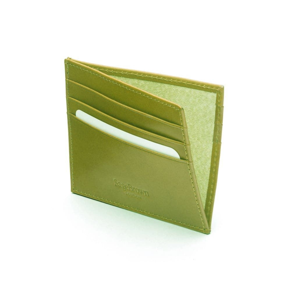 Leather side opening flat card holder, lime, inside