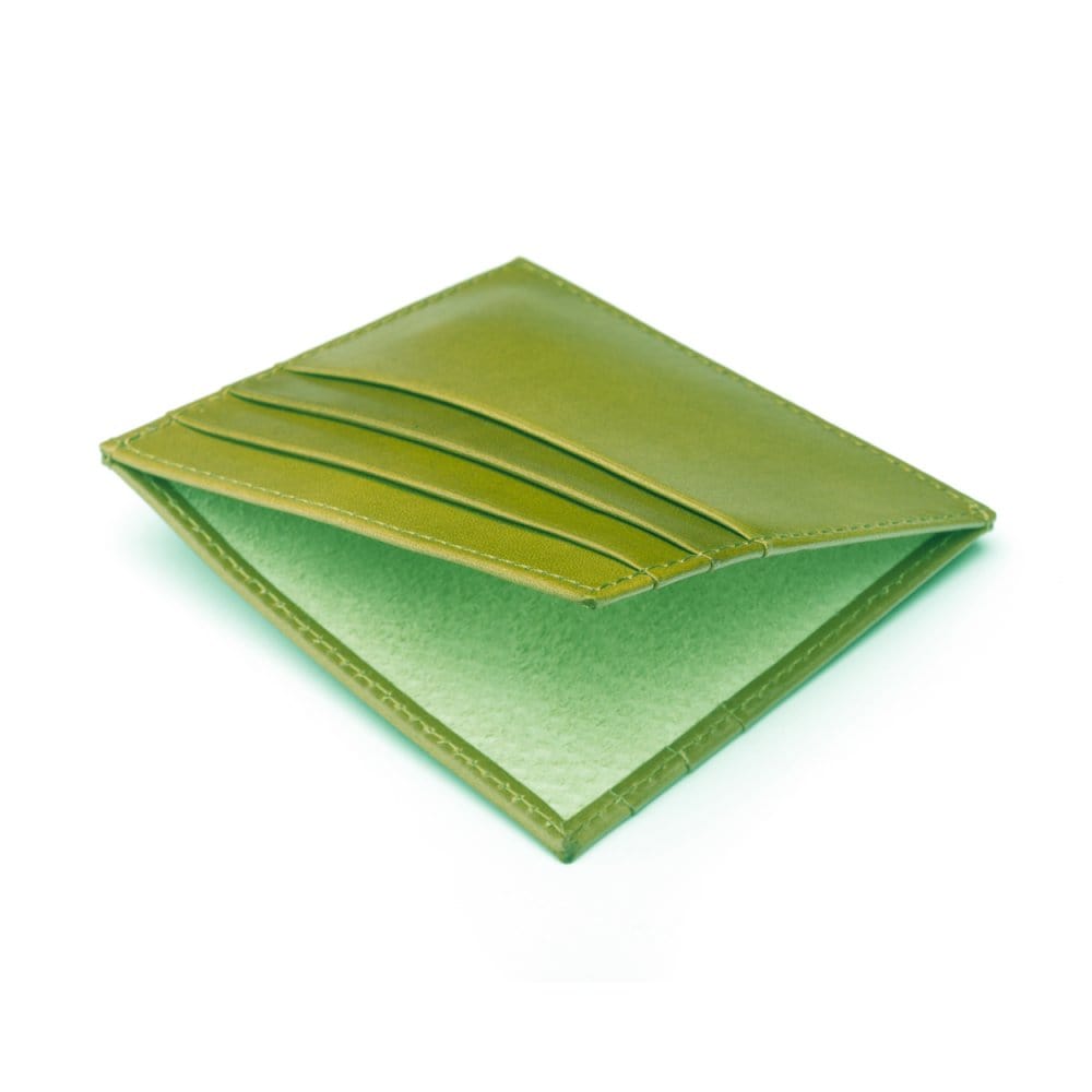 Leather side opening flat card holder, lime, open