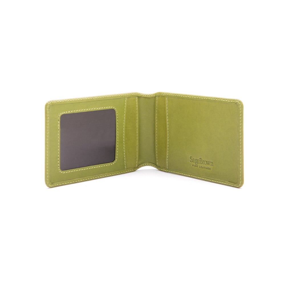 Leather travel card wallet, lime green, open