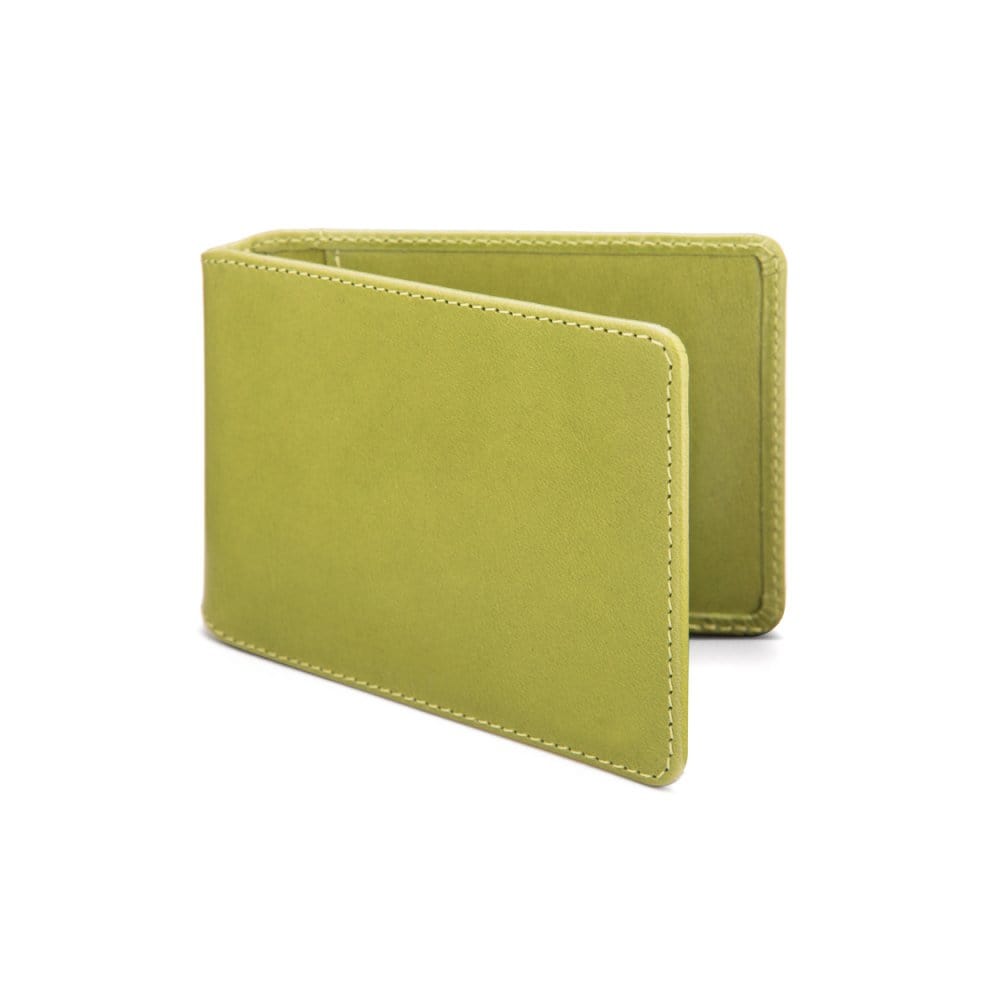 Leather travel card wallet, lime green, front