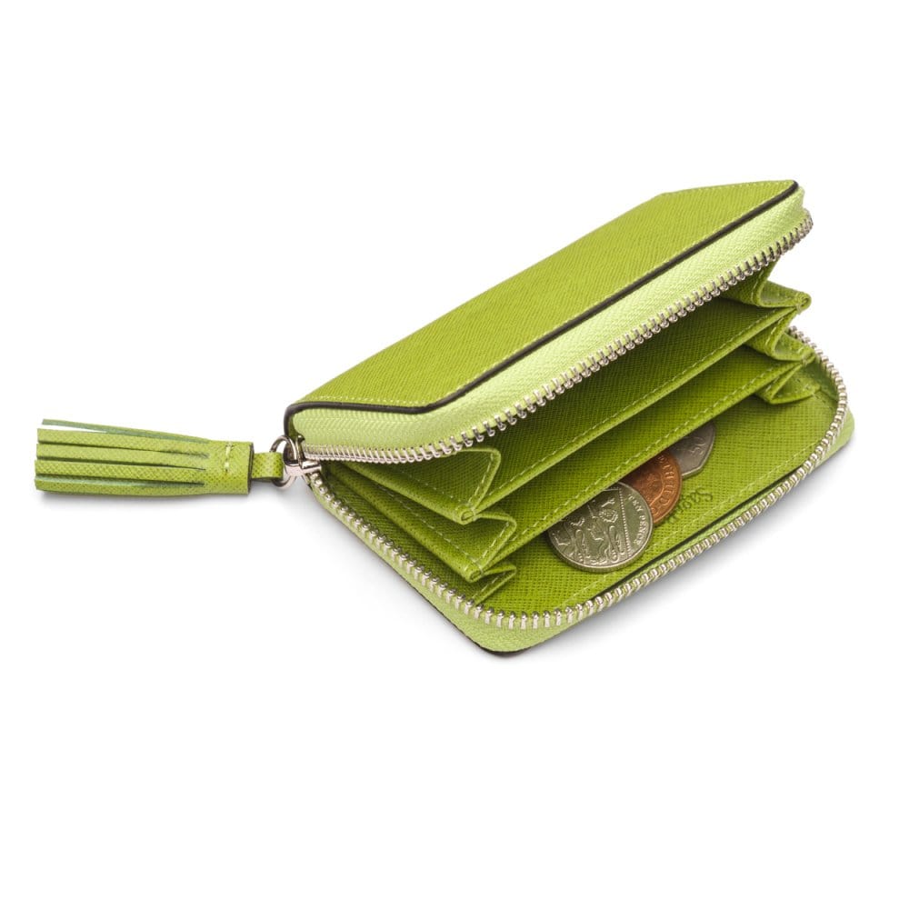 Lime Saffiano Zip Around Accordion Coin Purse With Tassel