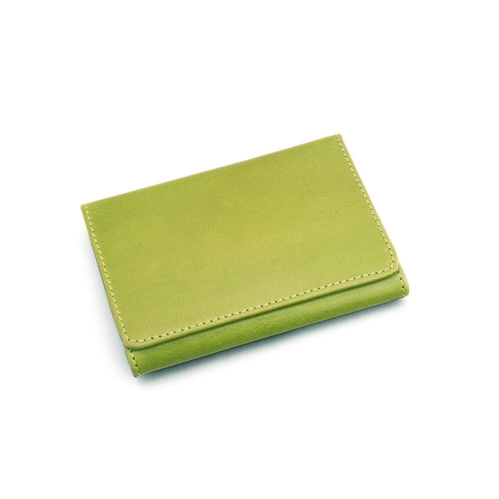 Leather tri-fold travel card holder, lime green, front