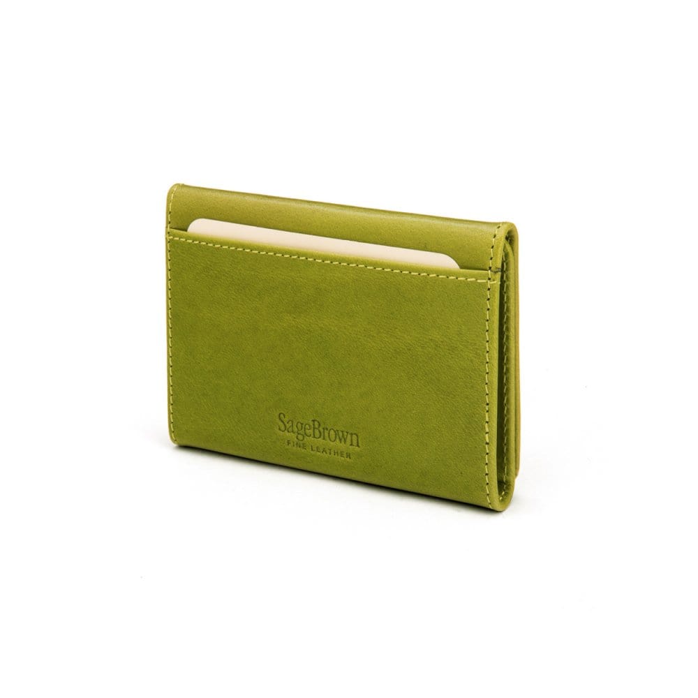 Leather tri-fold travel card holder, lime green, back