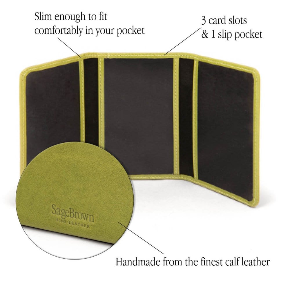 Leather tri-fold travel card holder, lime green, features