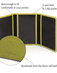 Leather tri-fold travel card holder, lime green, features