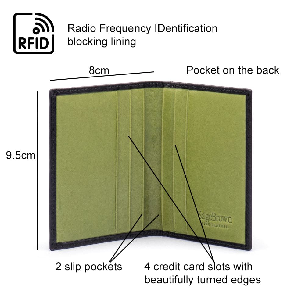 Leather Credit Card Wallet With RFID Protection, lime green with navy, features