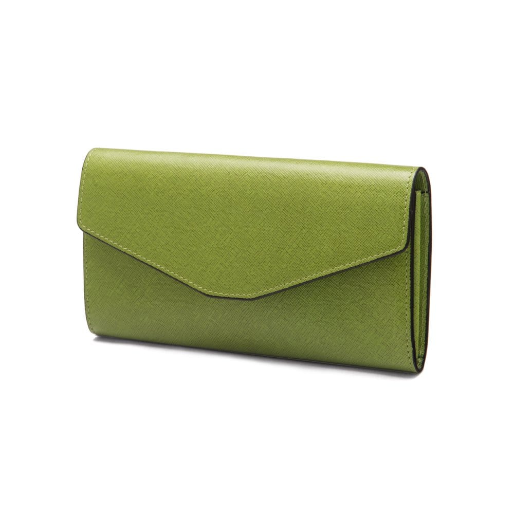 Leather accordion clutch purse with 12 card slots, lime saffiano, front