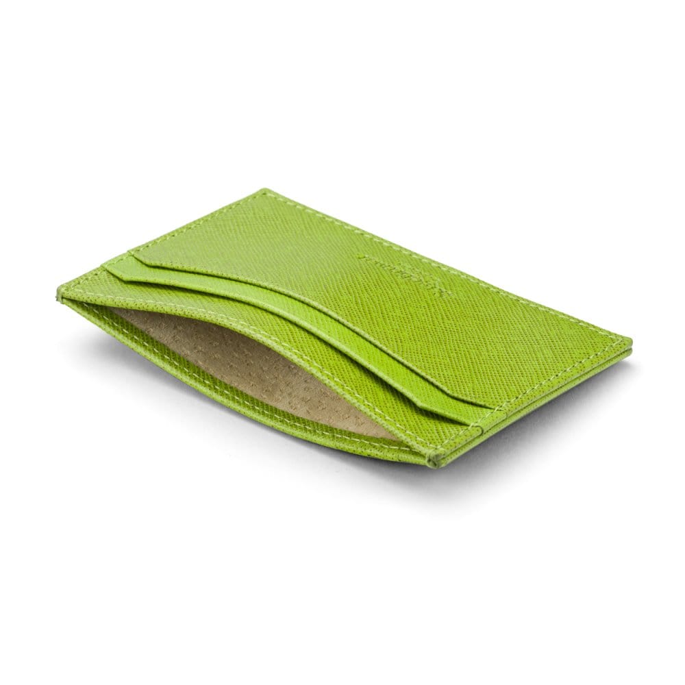 Flat leather credit card holder with middle pocket, 5 CC slots, lime saffiano, inside