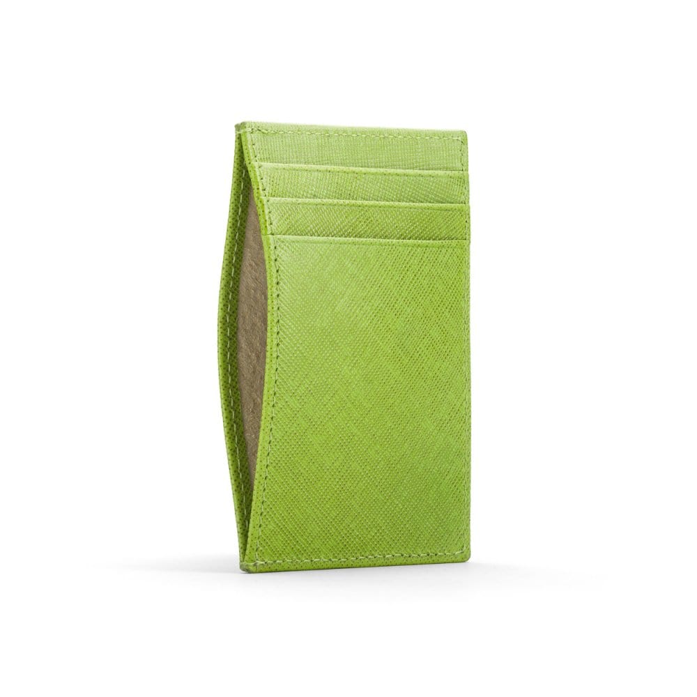 Flat leather credit card holder with middle pocket, 5 CC slots, lime saffiano, front