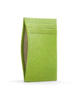 Flat leather credit card holder with middle pocket, 5 CC slots, lime saffiano, front