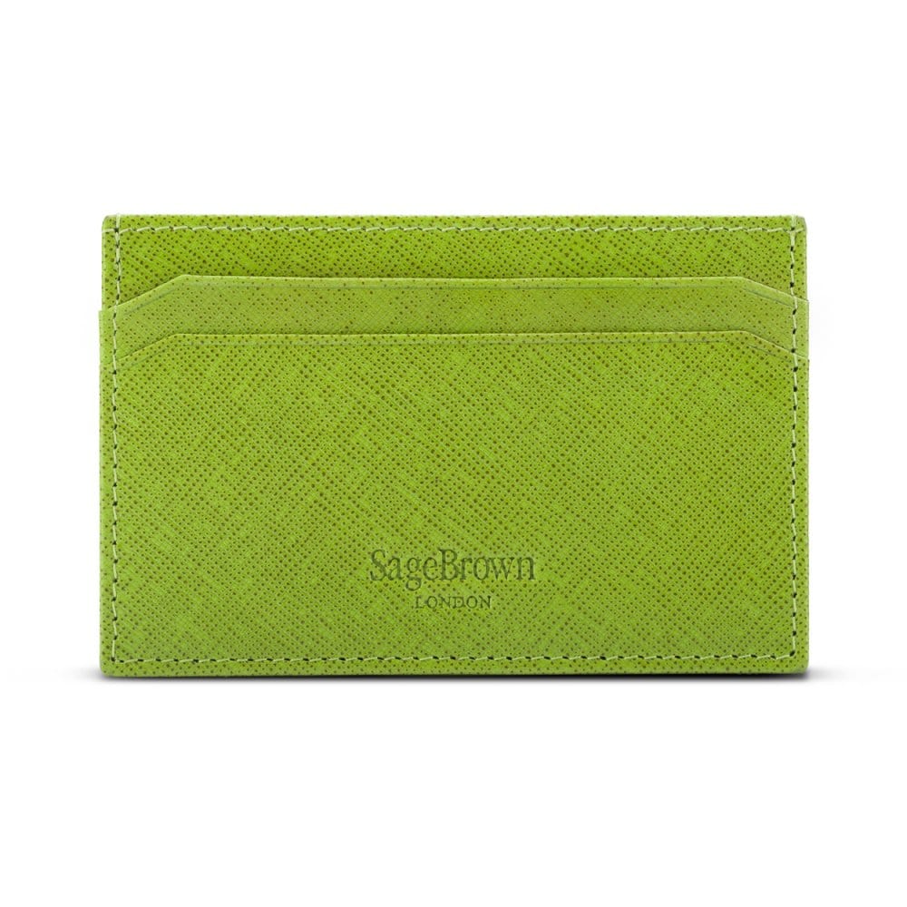Flat leather credit card holder with middle pocket, 5 CC slots, lime saffiano, back