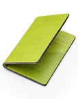 RFID bifold credit card holder, lime saffiano, open view