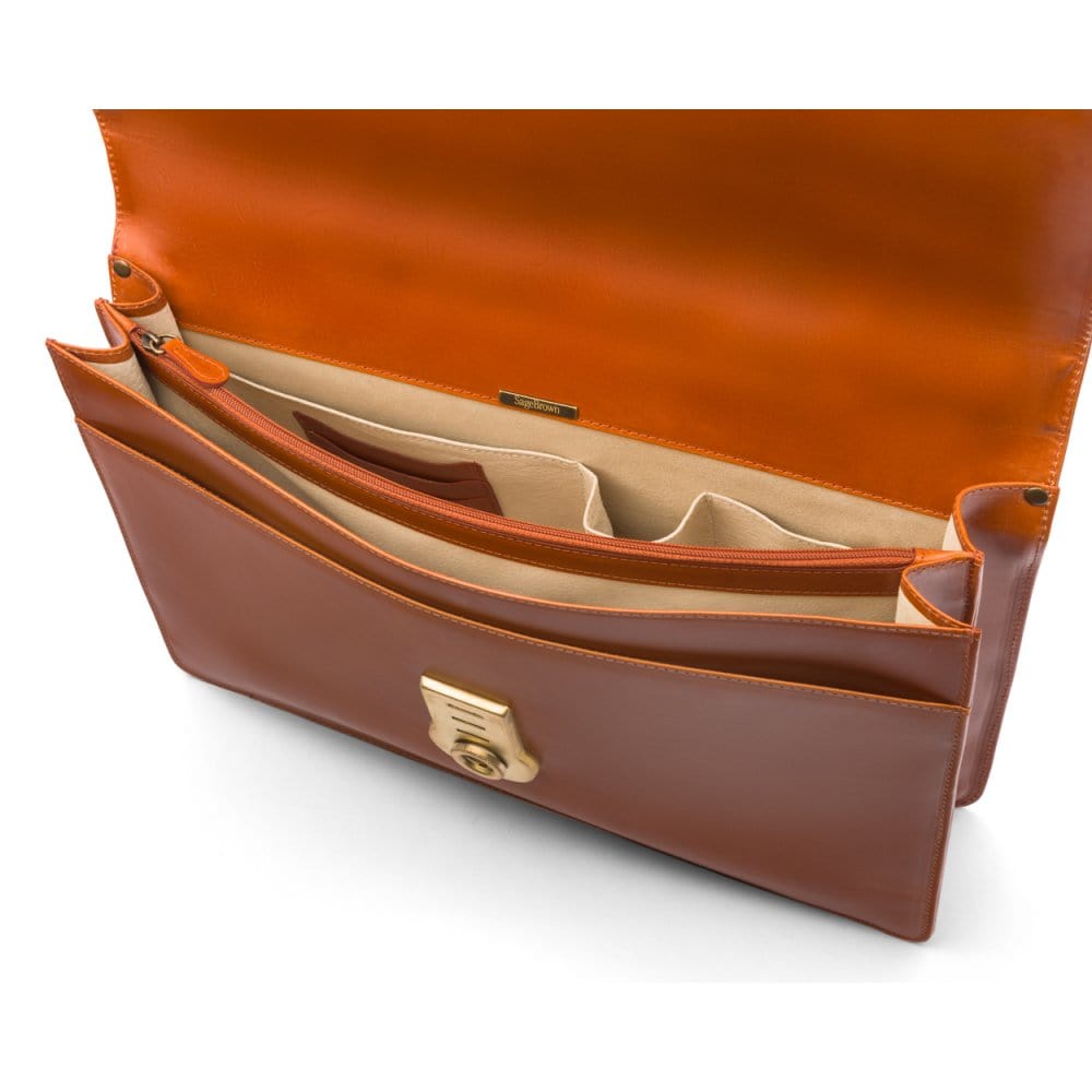 Bridle hide briefcase with brass lock, Harvard, london tan, inside