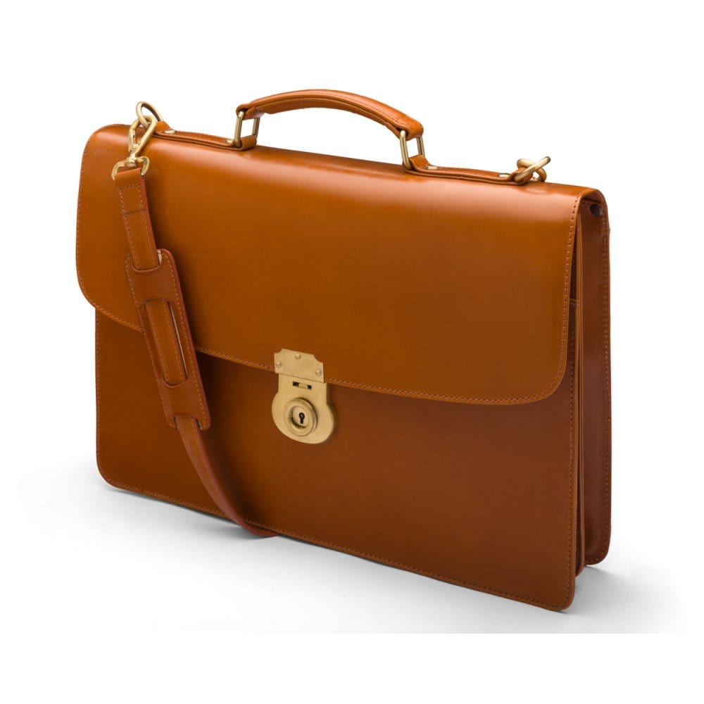 Bridle hide briefcase with brass lock, Harvard, london tan, side