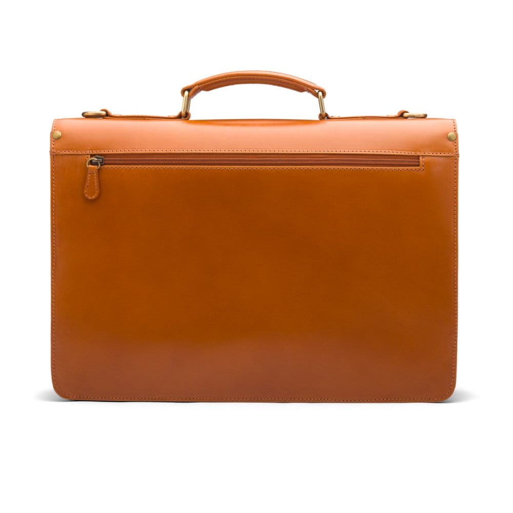 Bridle hide briefcase with brass lock, Harvard, london tan, back