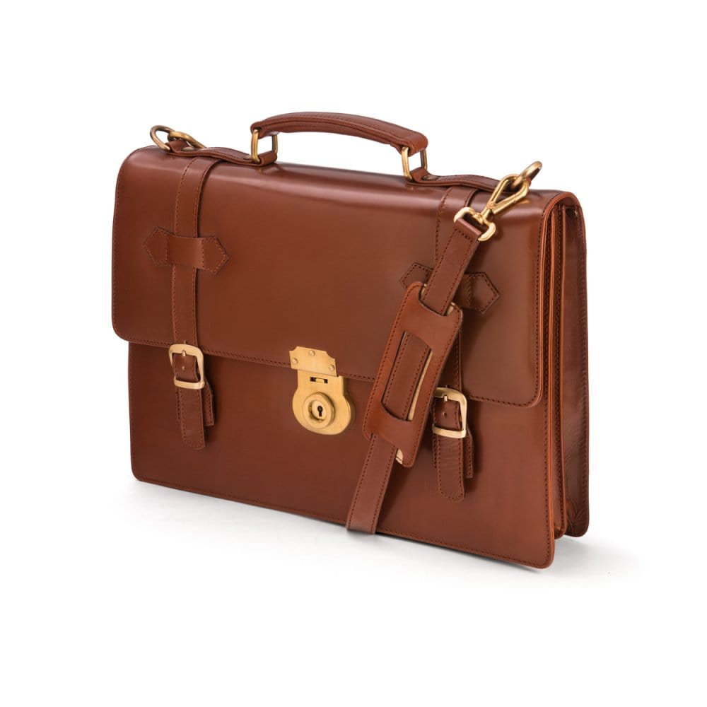 Leather Cambridge satchel briefcase, London tan, side