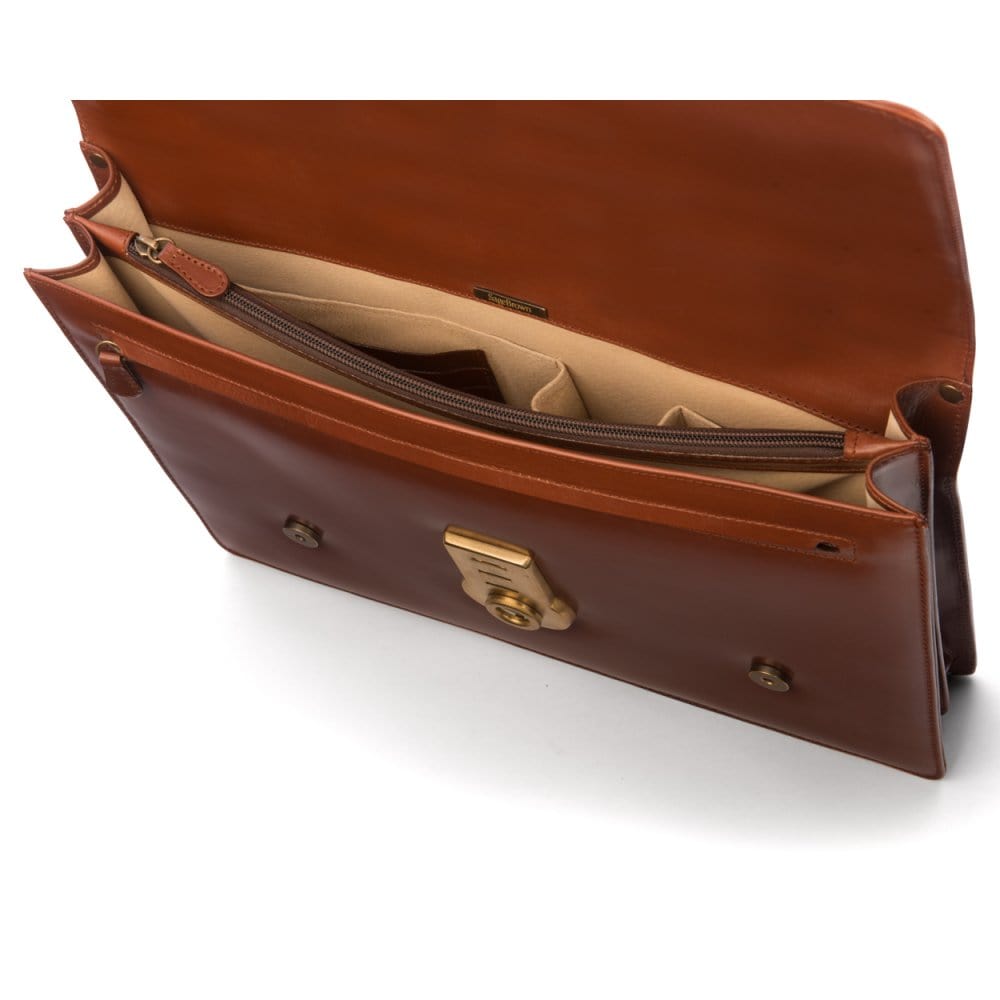 Leather Cambridge satchel briefcase, London tan, inside