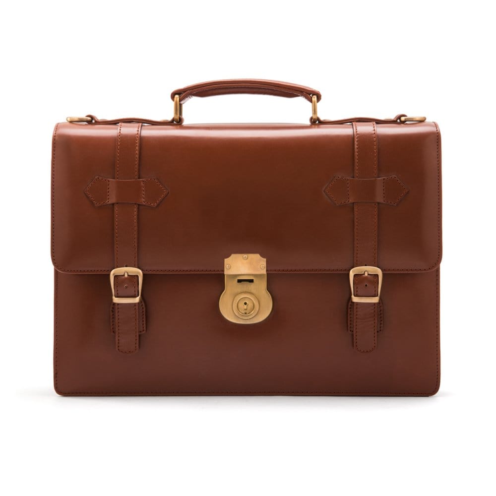 Leather Cambridge satchel briefcase, London tan, front