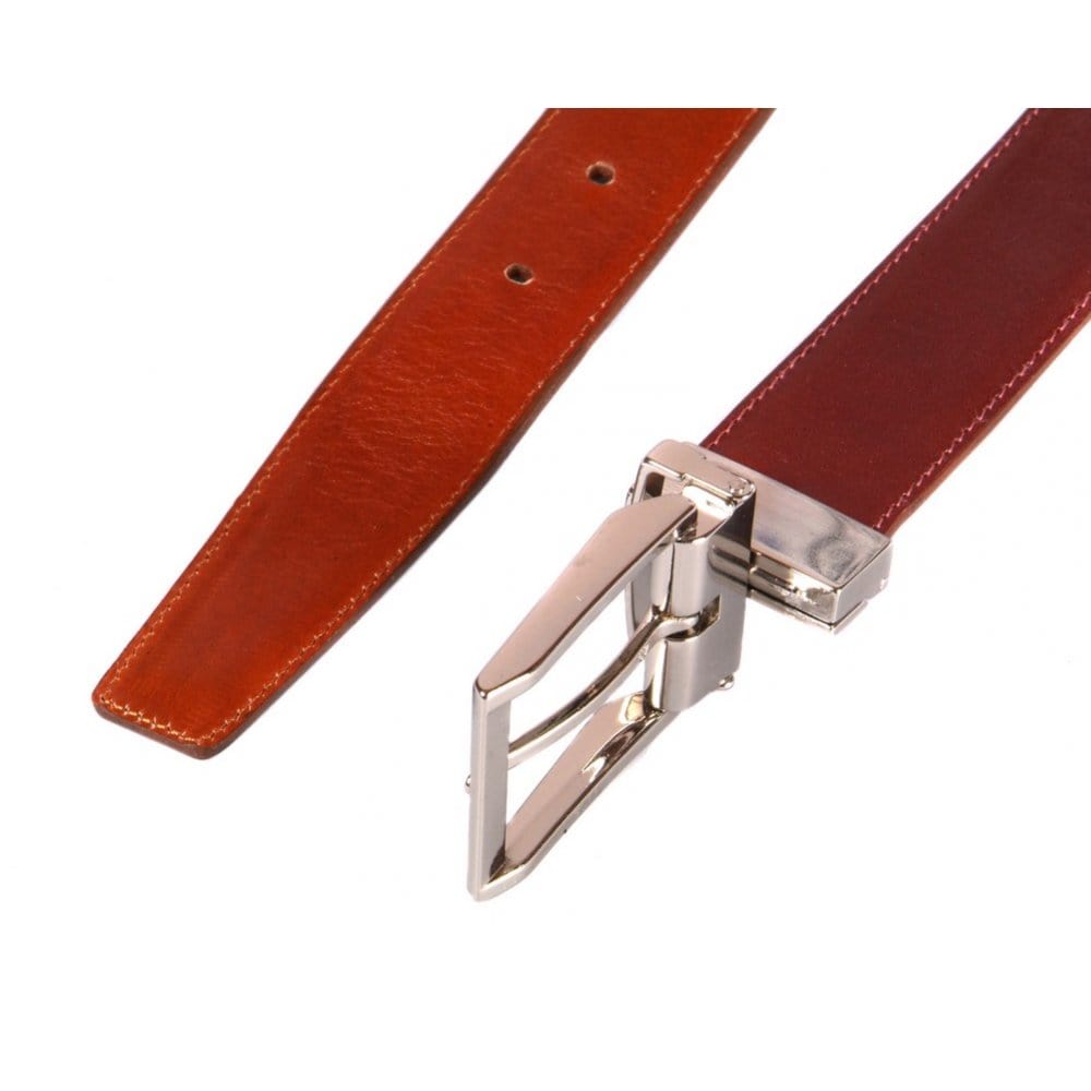 Men's leather reversible belt, dark tan with light tan, silver buckle